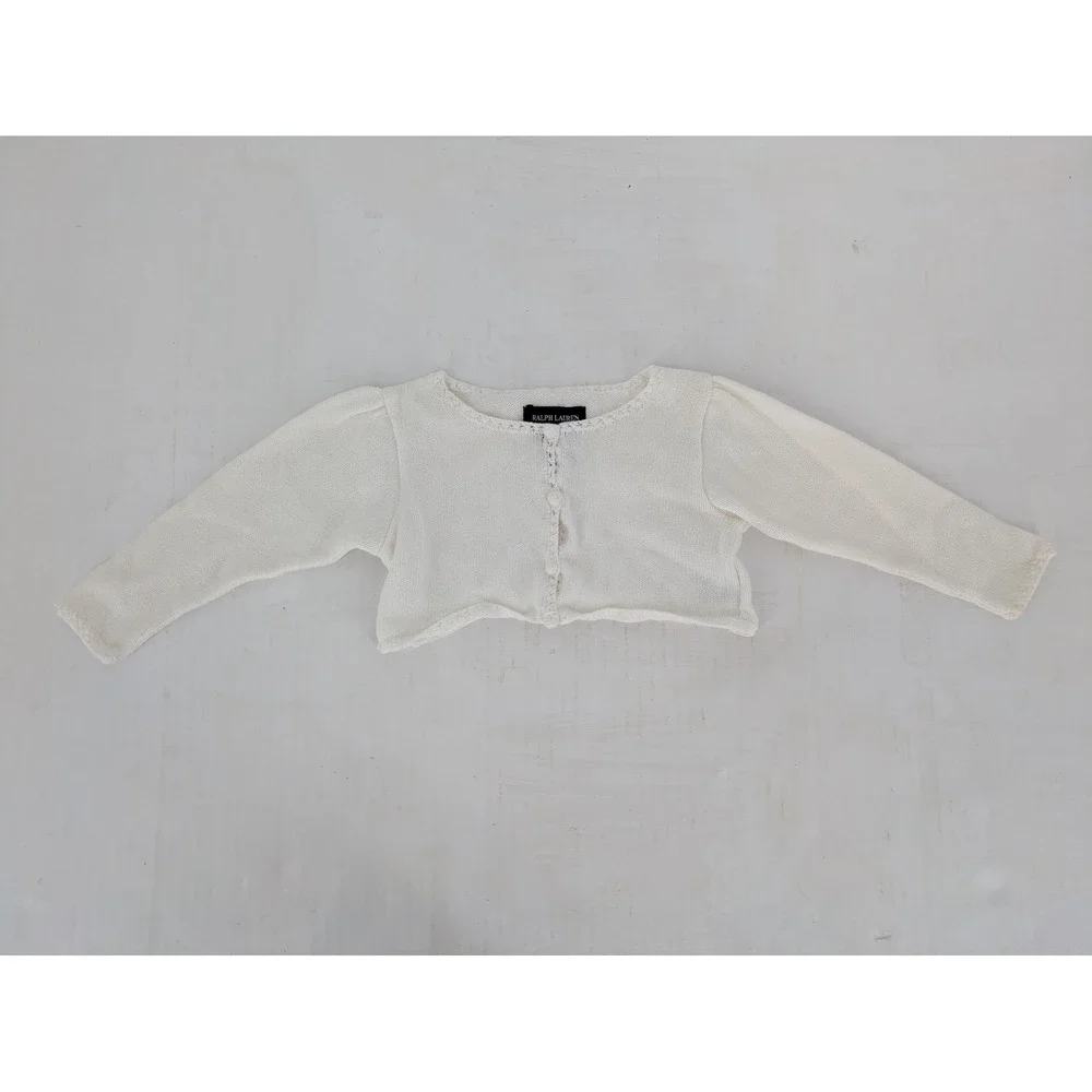 Ralph Lauren Shrug Cardigan Baby Girl 9M White 100% Cotton Crop Bolero Sweater